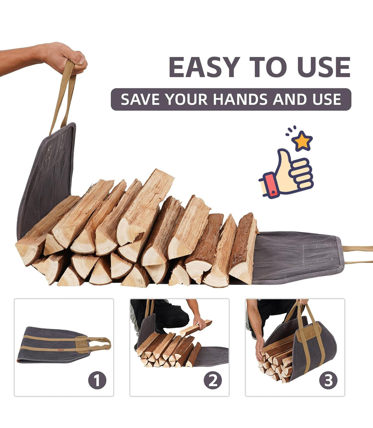 Heavy-duty canvas firewood log carrier with waxed canvas and tan webbing handles loaded with firewood